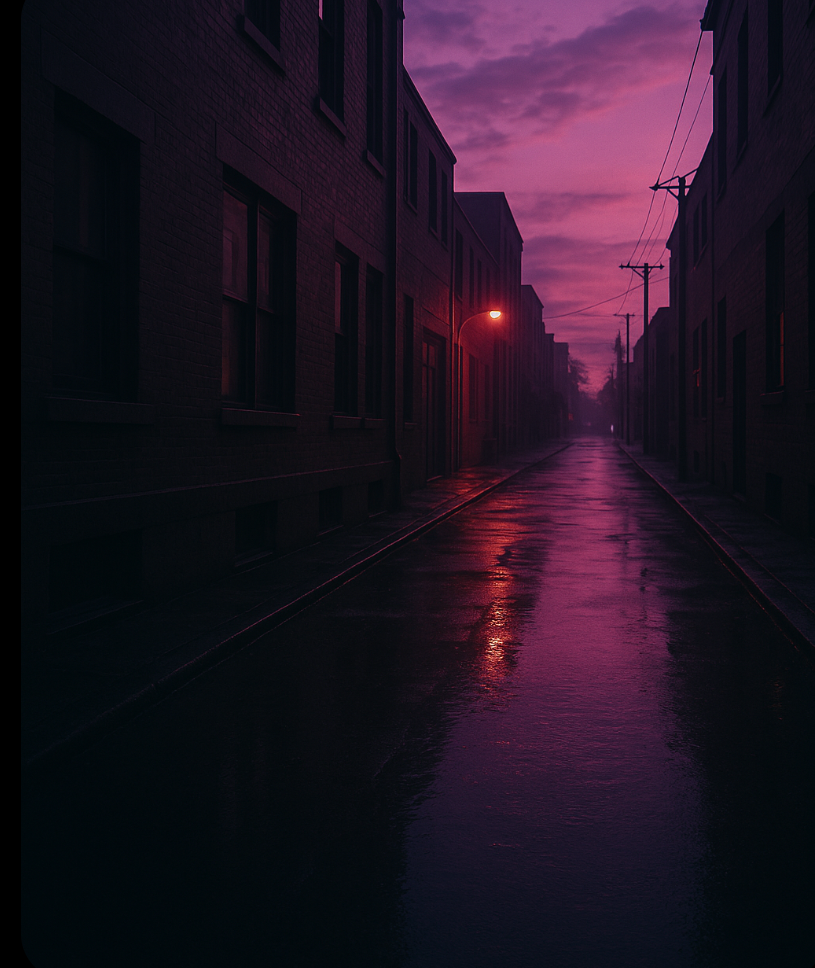 Rain-soaked city street at dawn bathed in violet and magenta light – inspired by Ren’s Violet’s Tale.